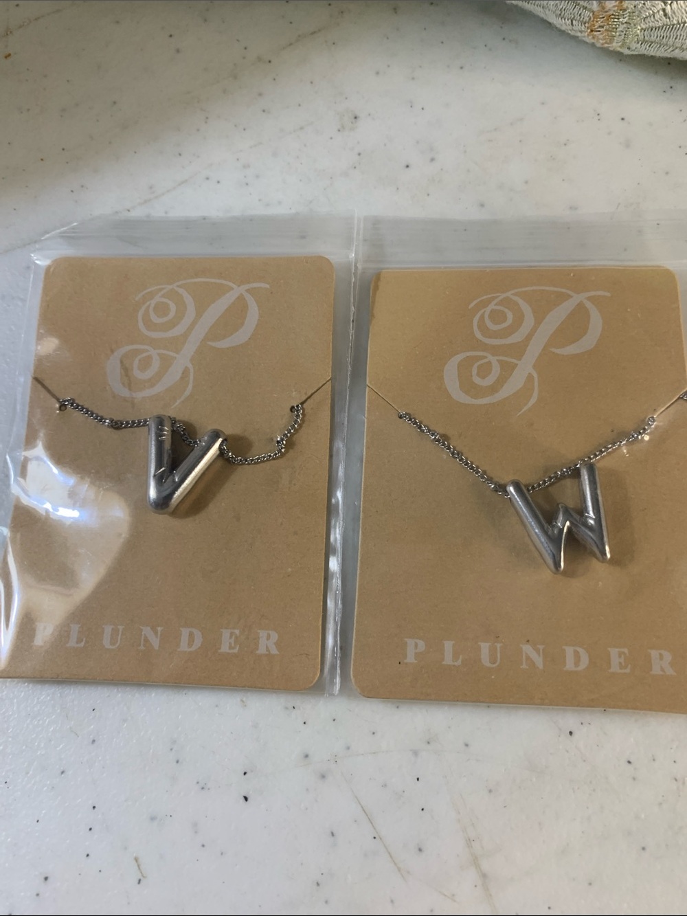 Plunder Silver Stainless Steel - V and W Initial Pendant Necklaces